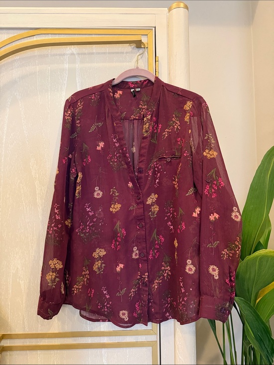 Kut from the Kloth Tops - Kut from the Kloth Burgundy Floral Sheer Button-Up Blouse